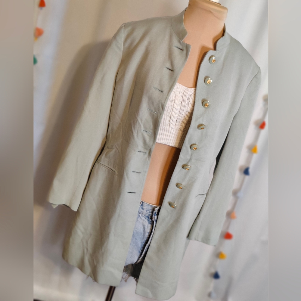 St John Silk moss/gray Luxury longline  Blazer minimalist enamel buttons 2